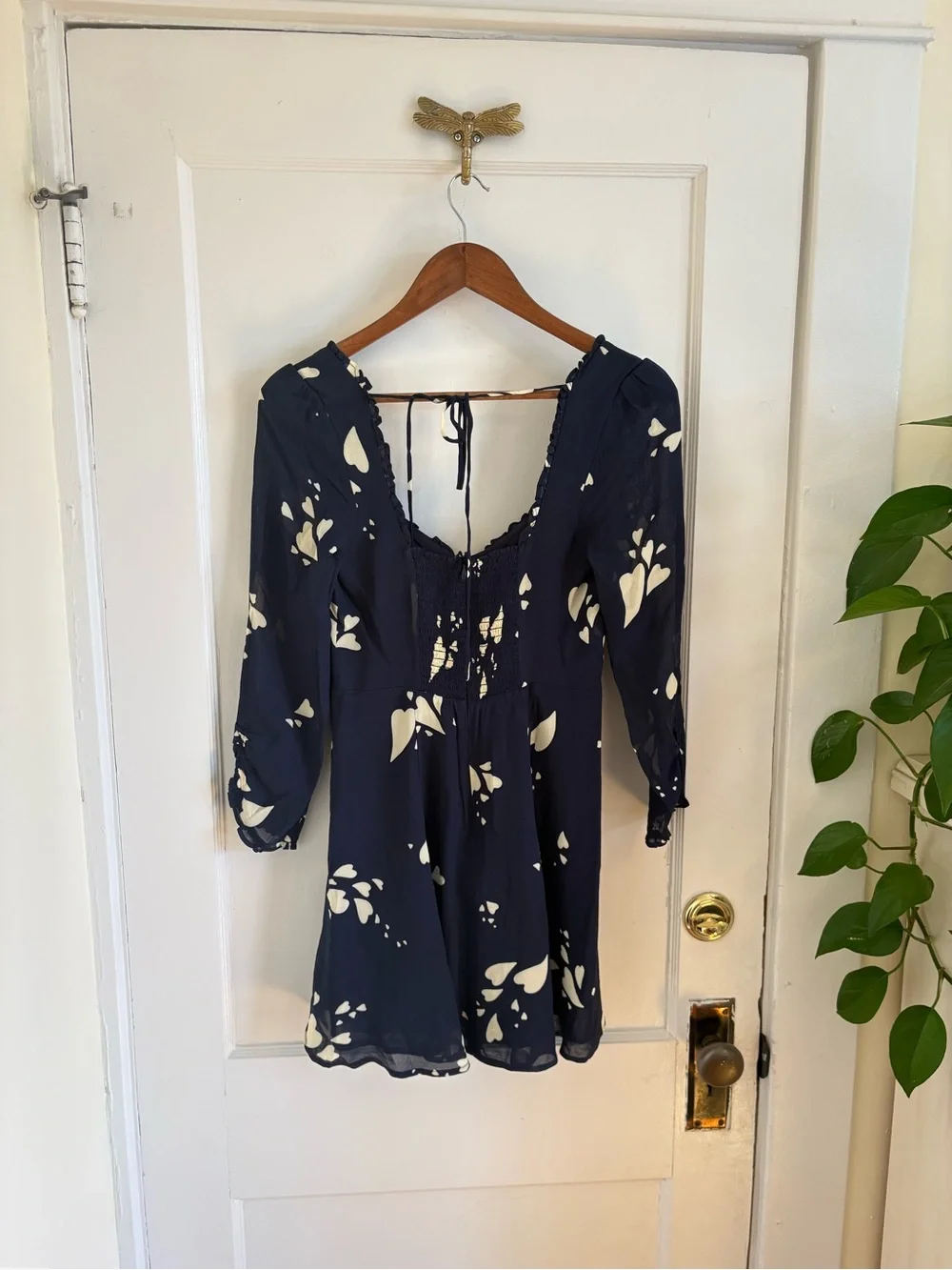 REFORMATION Remi Long Sleeved Mini Dress Navy Heart Pattern Sheer Sleeves Size 2